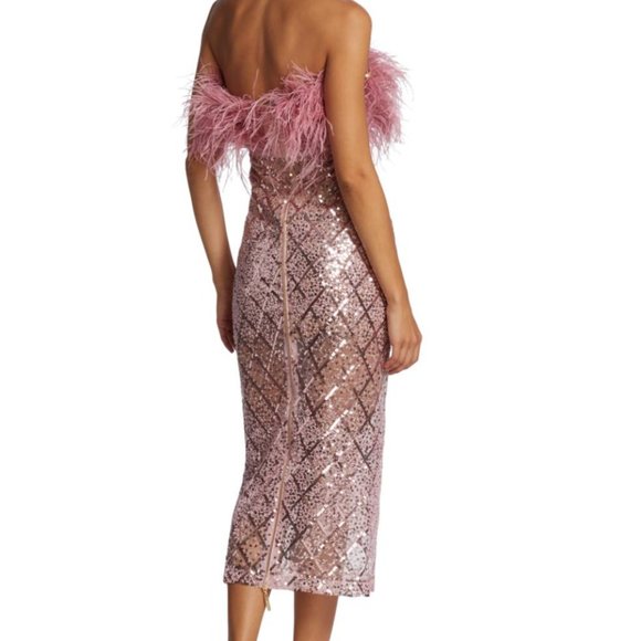 NWT BRONX AND BANCO Coco x Afiya Sequin Ostrich Feather Midi Dress Rose Pink - Picture 2 of 6